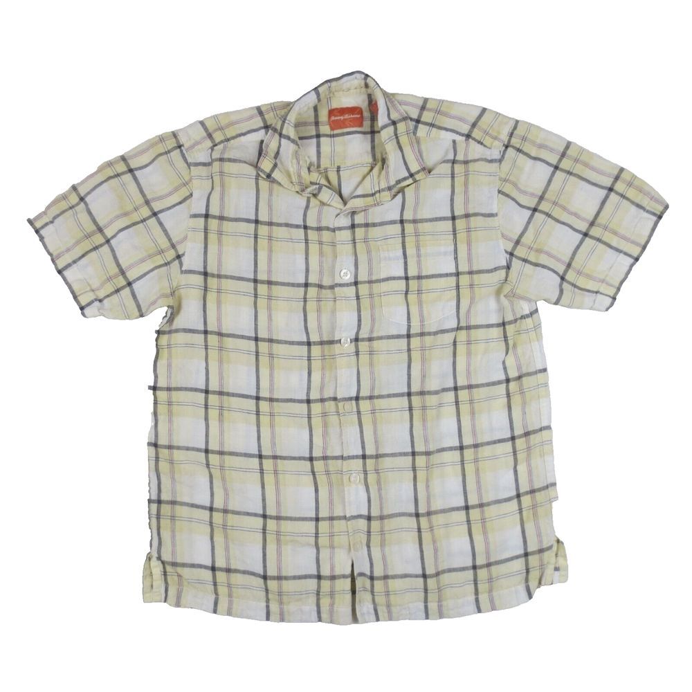 Tommy Bahama Shirt Mens Medium Yellow‎ Plaid Linen Short Sleeve Button Up Casual